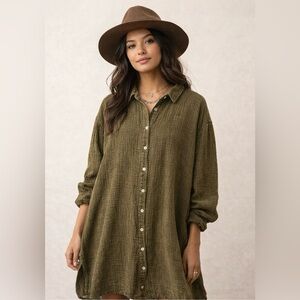 NEW Jaded Gypsy Olive Green Gauze Button Down Shirt Dress Boho Oversized L/XL